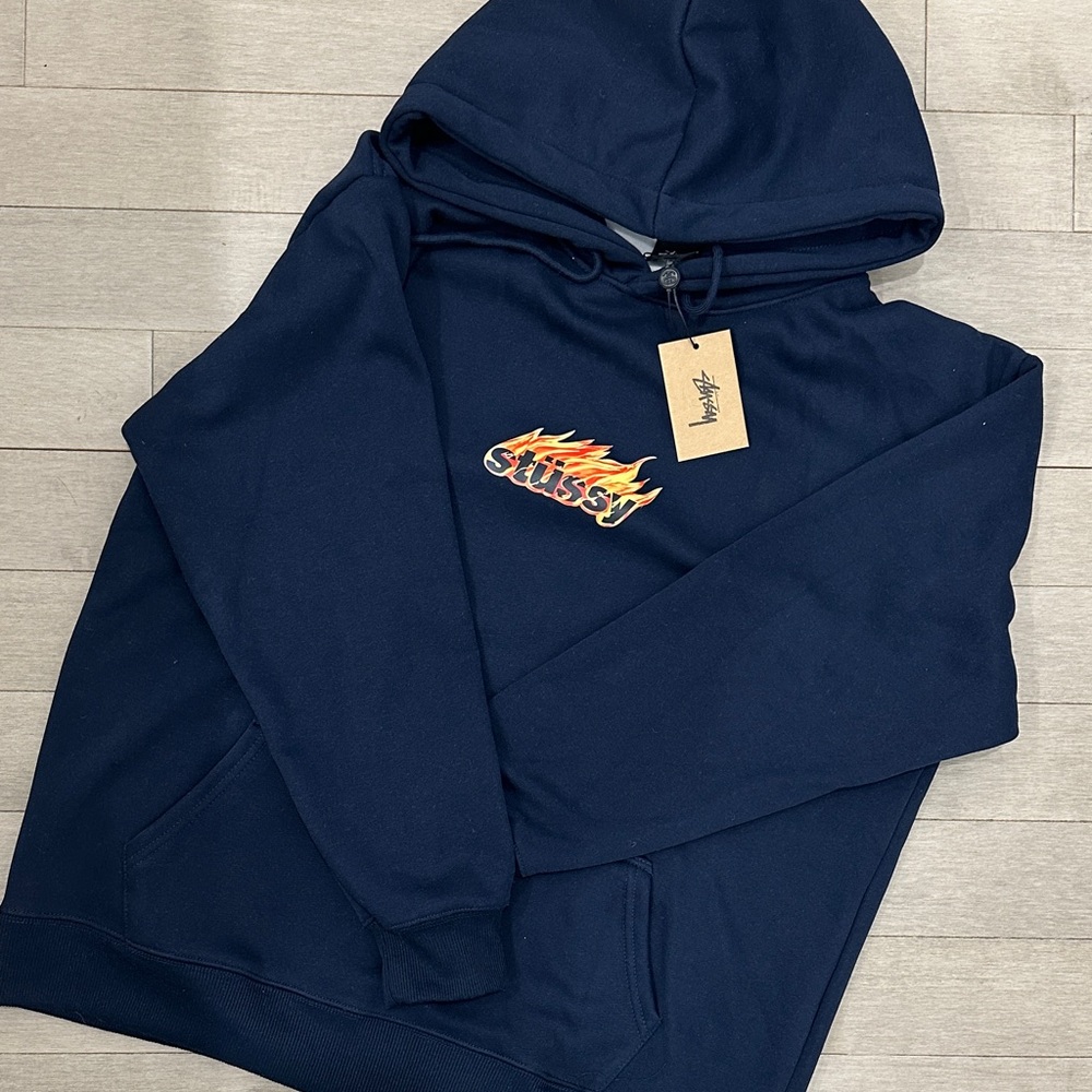 Stussy Dark Blue Hoodie with Flame Logo